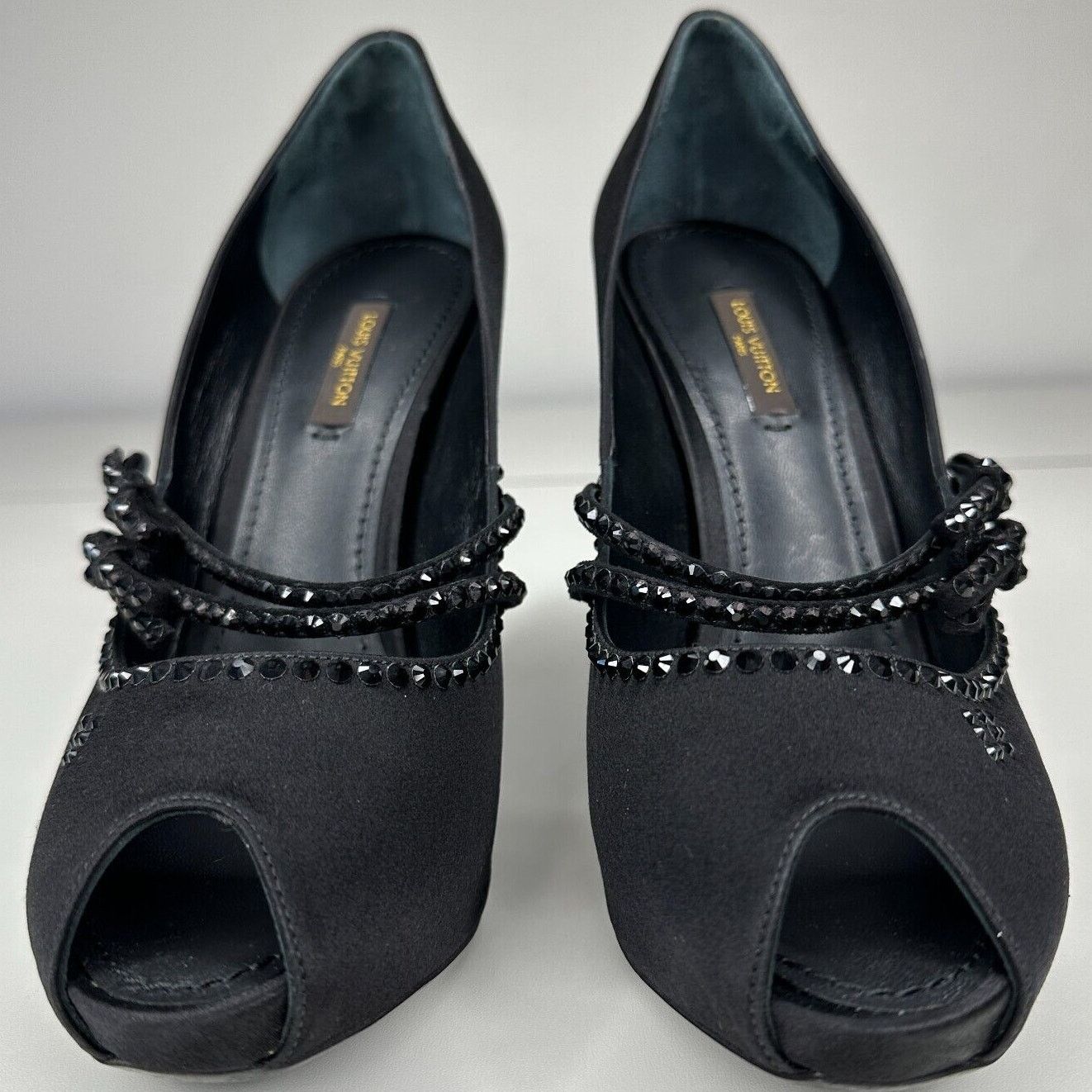 Louis Vuitton Louis Vuitton Black Satin Open Toe Crystal Strap Pumps 37.5 Size US 7 / IT 37 - 4 Thumbnail