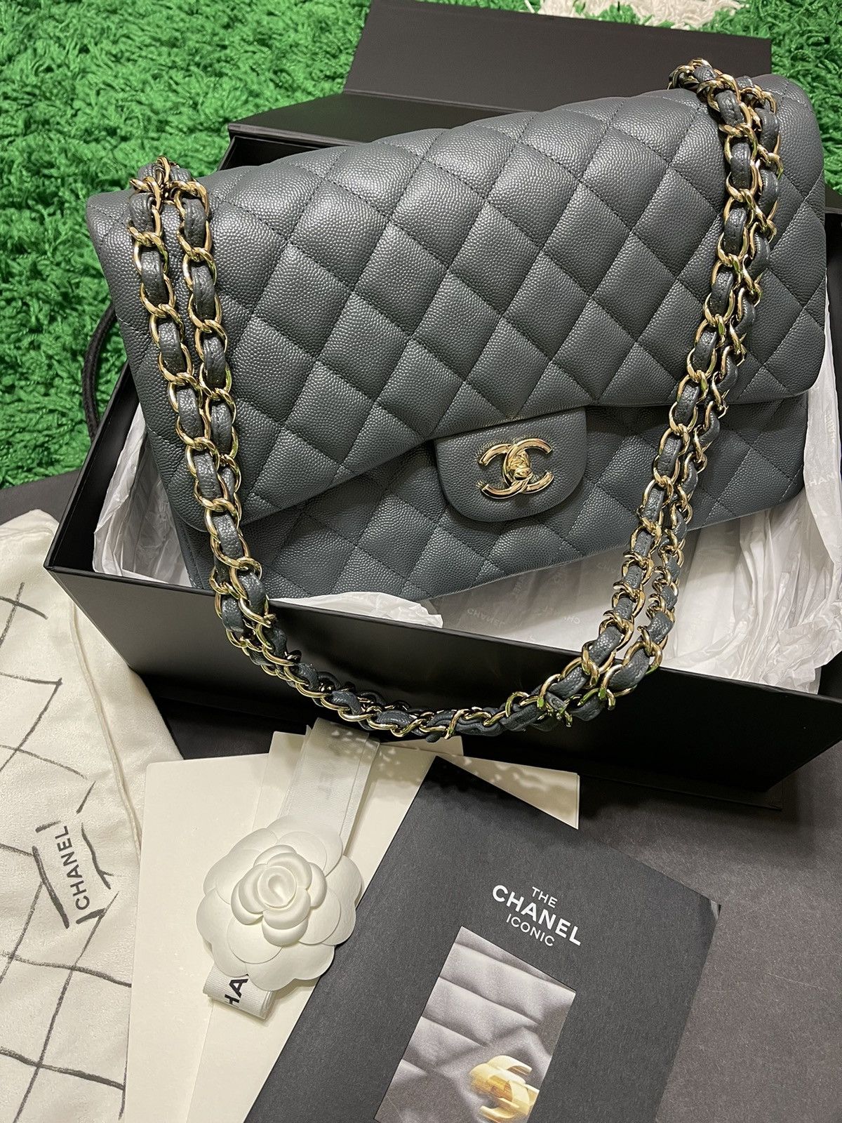image of Chanel Jumbo Double Flap Caviar- Grey, Women's