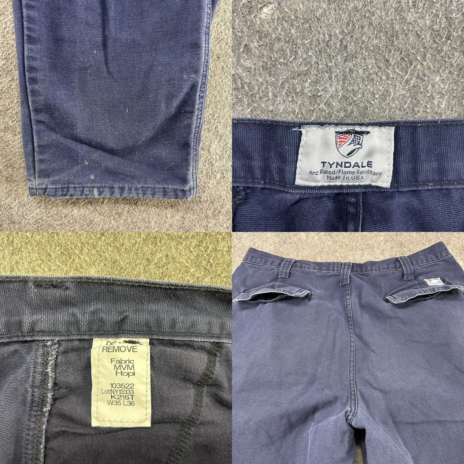 Vintage Tyndale Pants Mens 35x33 Blue Navy Cargo Workwear Flame Resistant USA Straight Leg 90s Size US 35 - 9 Thumbnail