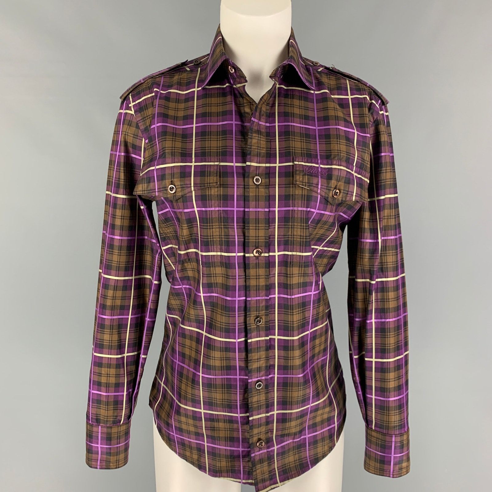 GUCCI Size XS Purple Brown Plaid Button Up Long Sleeve Shirt