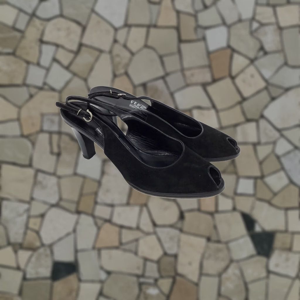 Salvatore Ferragamo VINTAGE Salvatore Ferragamo Black Suede & Patent Leather Peep Toe Heels Slingback 8.5 Womens Size US 9 / IT 39 - 1 Thumbnail