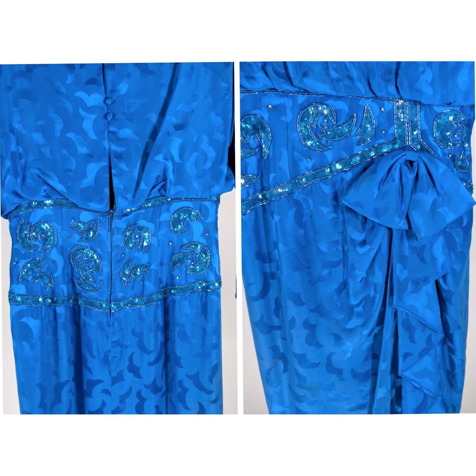 Vintage Vintage 80s A.J. Bari Petites Silk Jacquard Beaded Cocktail Dress Blue 12 Size XL / US 12-14 / IT 48-50 - 3 Thumbnail