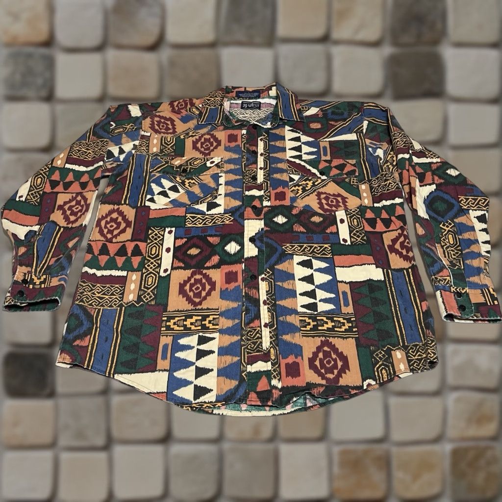 VINTAGE 29 West Western Shirt Mens Large Multicolor Geometric Print Button-Up Long Sleeve Collared Spread Collar Pockets Cotton