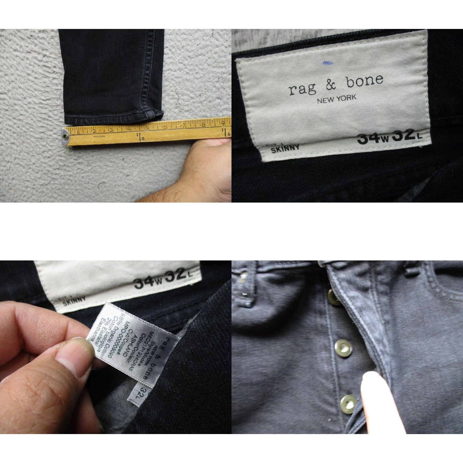 Rag & Bone rag & bone New York Jeans Mens 34x32 Black Skinny Fit Button Fly Stretch Denim Size US 34 / EU 50 - 8 Thumbnail