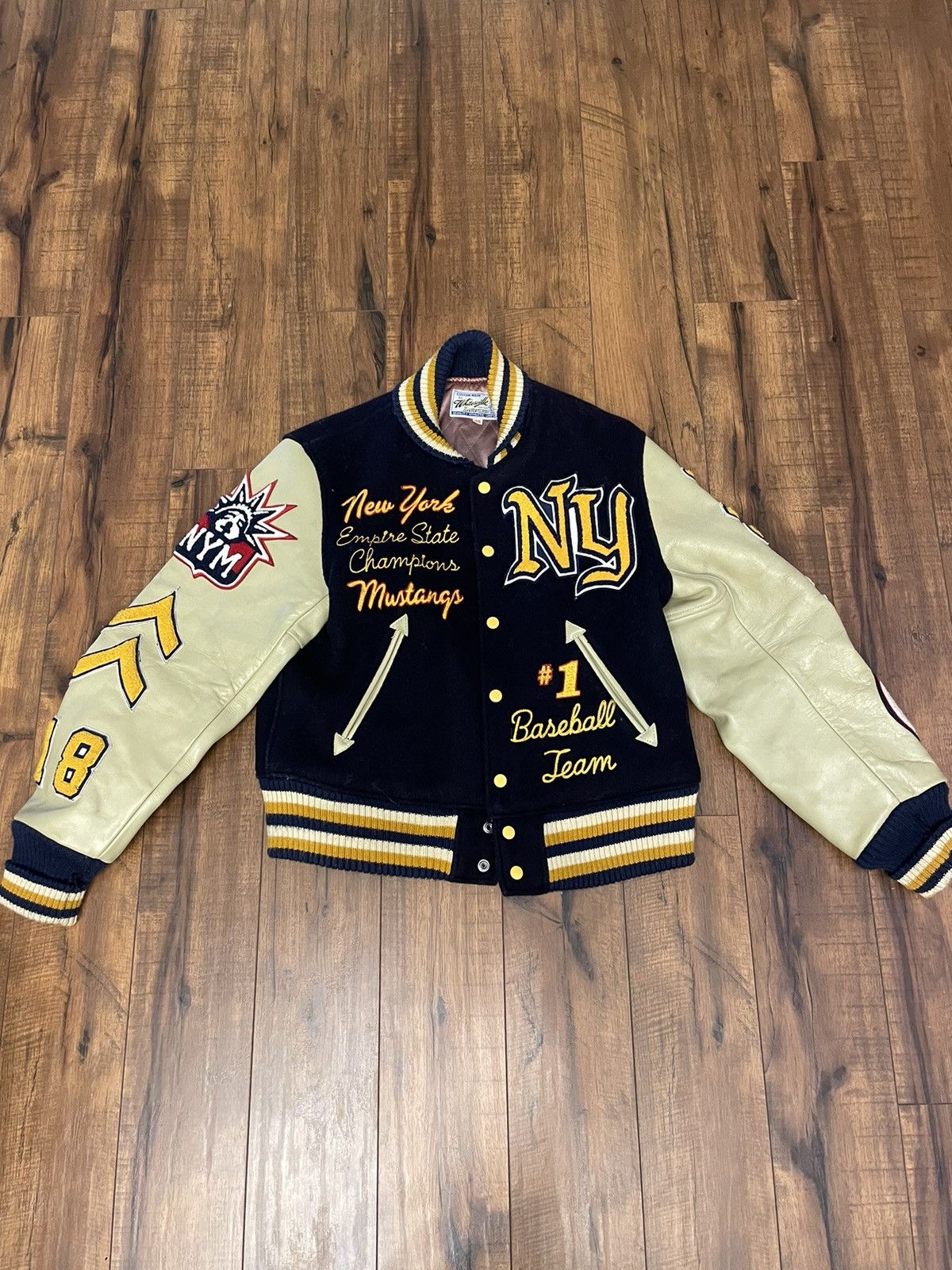image of Whitesville Varsity Jacket - Ny Mustangs in Navy, Men's (Size Medium)
