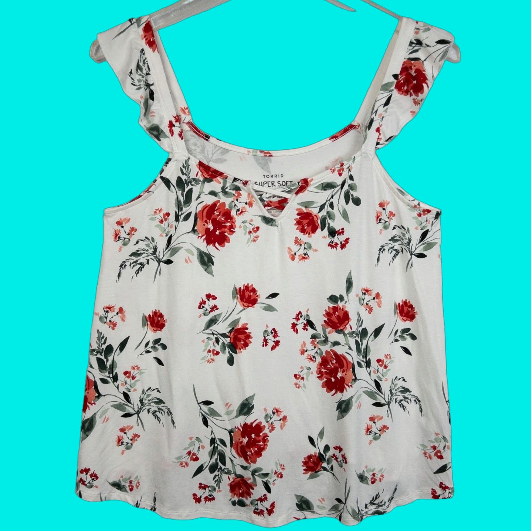 Torrid Torrid Super Soft Knits Ivory Red Floral Ruffle Tank Top Shirt Womens Plus 00 Sleeveless Knit Rayon Spandex Stretch N/A Size XXS / US 00 / IT 34 - 1 Thumbnail
