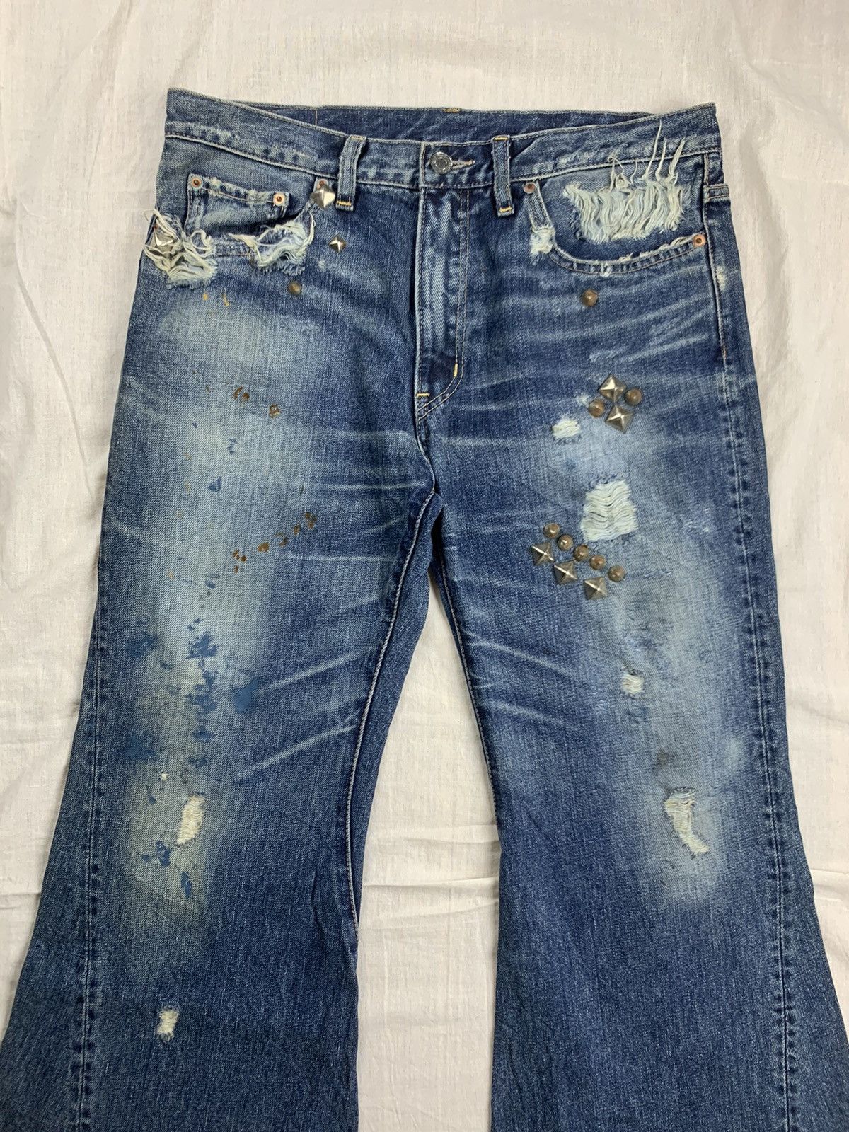 If Six Was Nine × Japanese Brand × Le Grande Bleu (L.G.B.) Rna Slang Studded Distressed Flared Pants Size US 31 - 2 Thumbnail