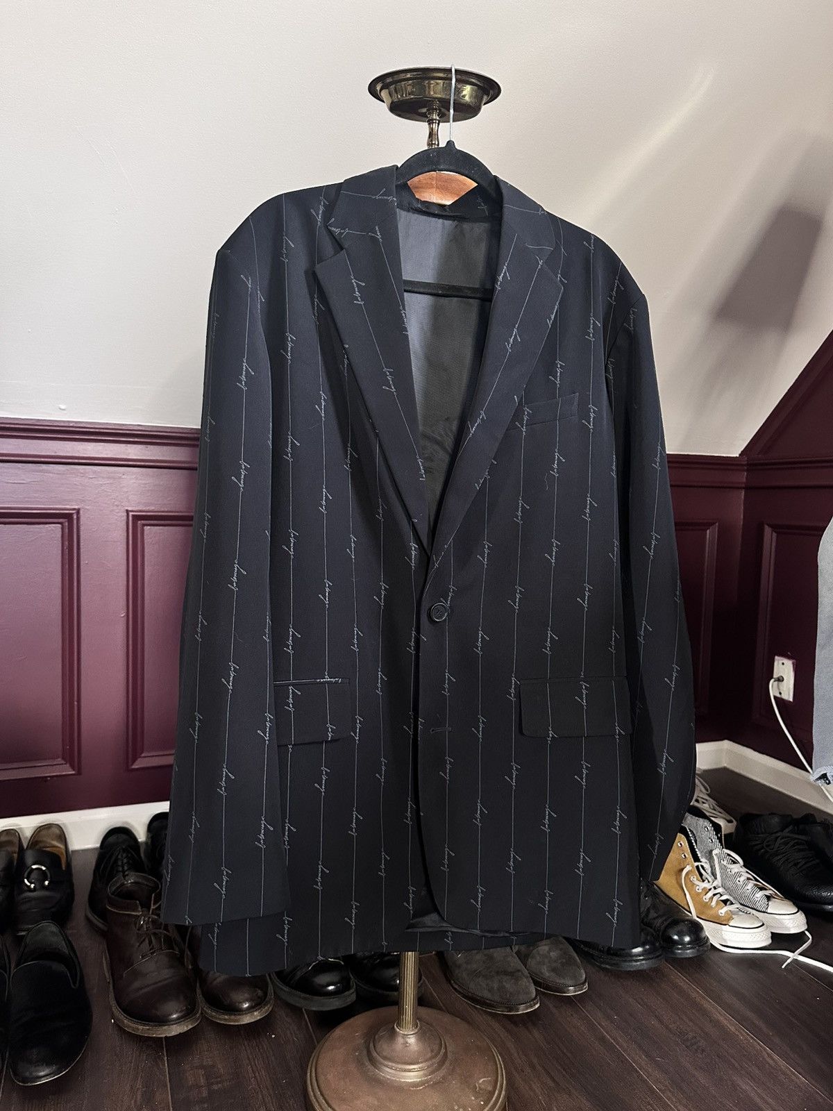 Balenciaga Black 2pc baggy logo pinstripe 2020 suit new with tags Italy Size 36R - 2 Thumbnail