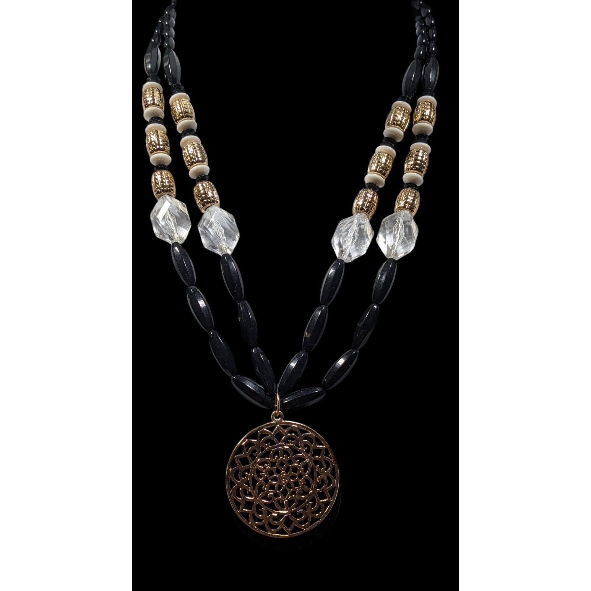 Other Bohemian Glam Beaded Medallion Necklace Black And Gold Tone Size ONE SIZE - 2 Thumbnail
