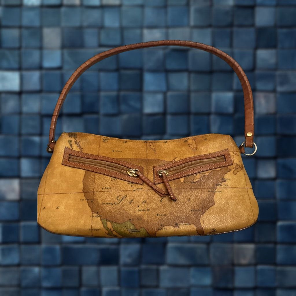 Vintage Alviero Martini World Map Leather Shoulder Bag Small 13 Brown Italy Womens in White