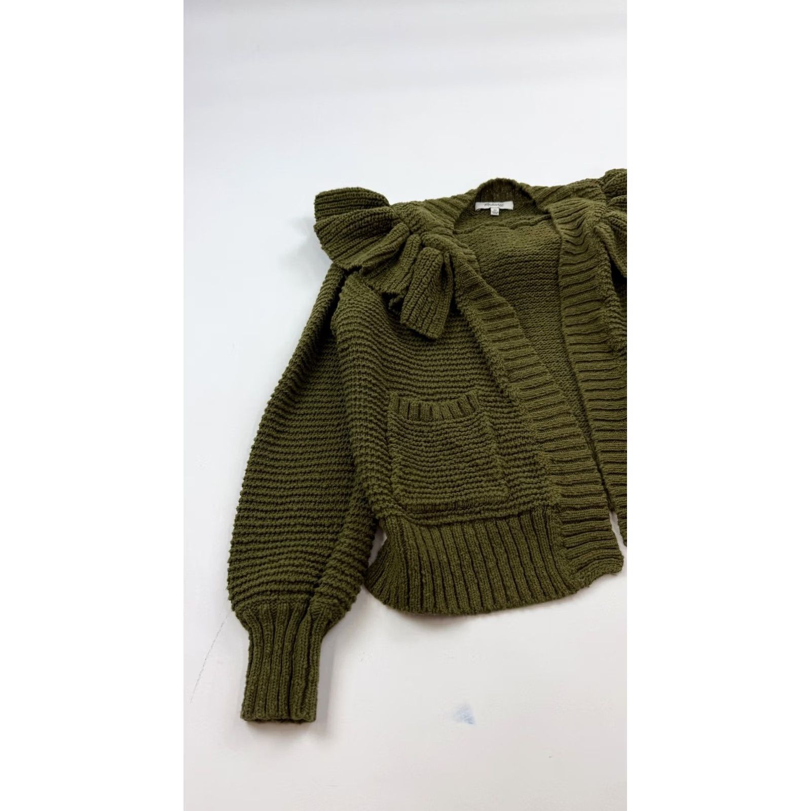 Madewell Madewell Sweater Womens XS Green Cardigan Olive Ruffle Collar Open Front Pockets Size XS / US 0-2 / IT 36-38 - 2 Thumbnail