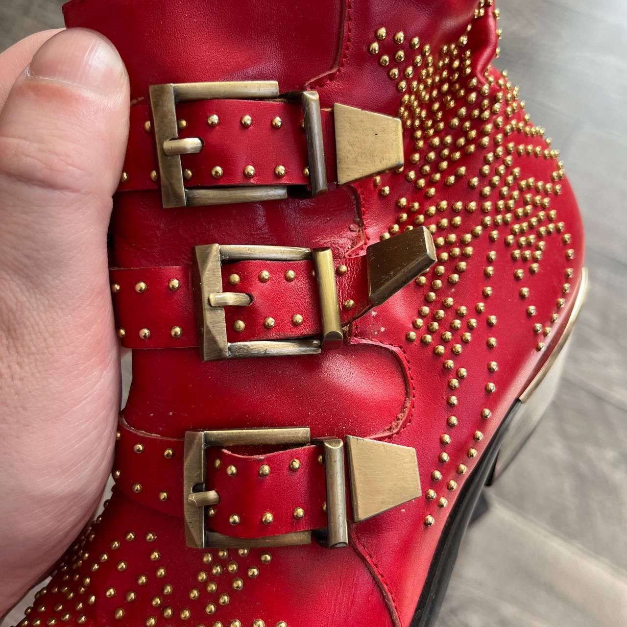 Chloe Chloé Red Studded Buckle Western Ankle Boots Pointed Toe Size US 7 / IT 37 - 6 Thumbnail