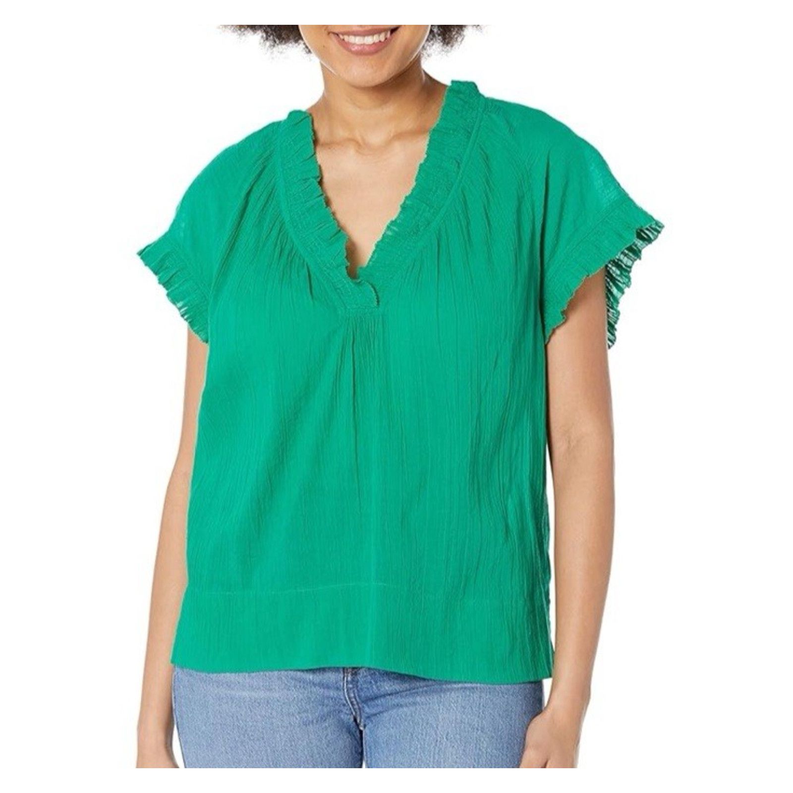 Joie Drawley Cotton Top Women XXS Green Split Neck Ruffle