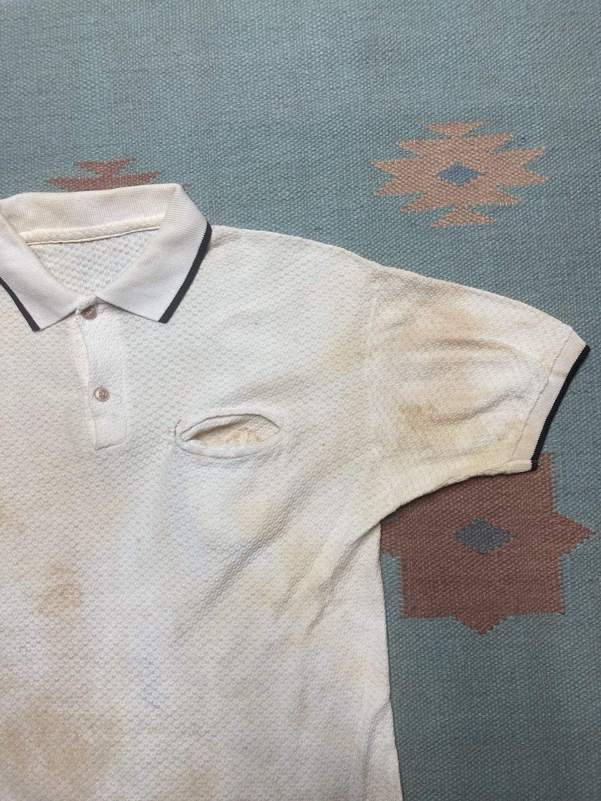 Vintage 1960s polo shirt jacquard waffle knit stained cotton medium Size US M / EU 48-50 / 2 - 4 Thumbnail