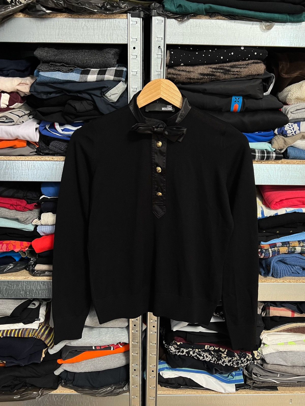 Love Moschino Love Moschino Women Sweater Black Knit Satin Bow Gold Button Size S / US 4 / IT 40 - 1 Thumbnail