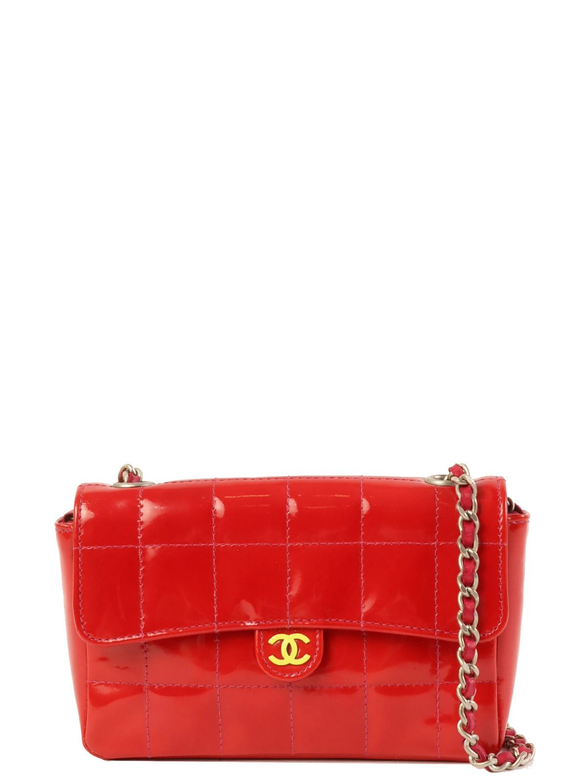 image of Chanel Around 2000 Made Patent Cc Mark Plate Chocolate Bar Shoulder Bag Red in Brown, Women's