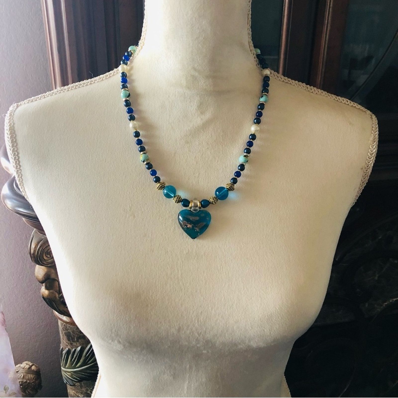 Handmade Handcrafted repurpose dichroic heart lazurite necklace Size ONE SIZE - 4 Thumbnail