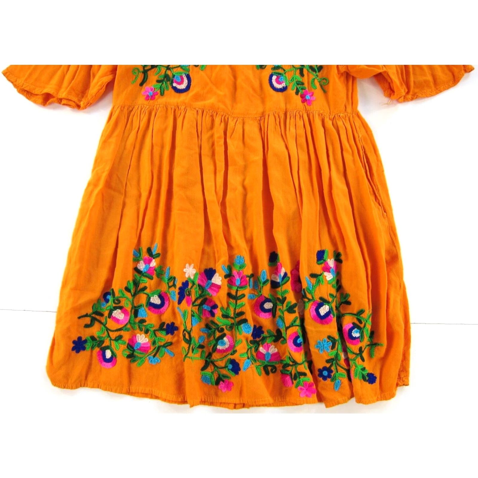 Rivieras VINTAGE Riviera Sun Dress Smock, Floral Embroidered Pocket, L-XL, Orange Green Pink, Rayon, Shirt Dress, Womens Size L / US 10 / IT 46 - 4 Thumbnail