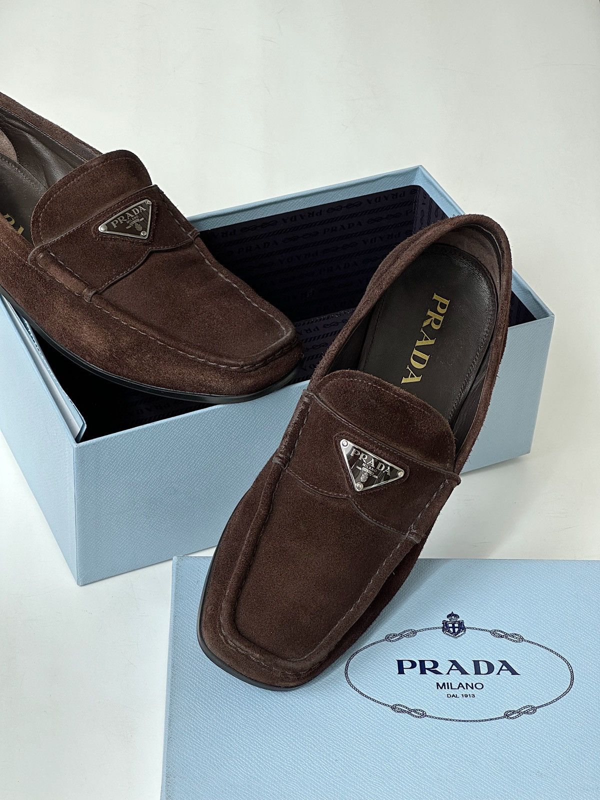 Prada $1100 Fw2023 Logo Plaque Suede Loafers Shoes Boots Miu in Brown, Men's (Size 9)