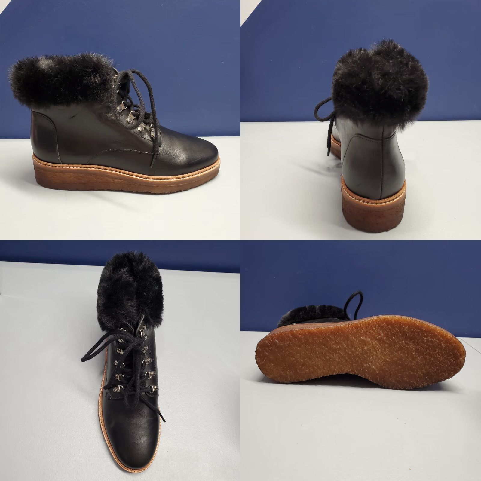 Vintage Botkier Winter Boots Womens Size 7.5 Black Leather Faux Fur Trim Gum Sole Lace Up Boots Size US 8 / IT 38 - 9 Thumbnail