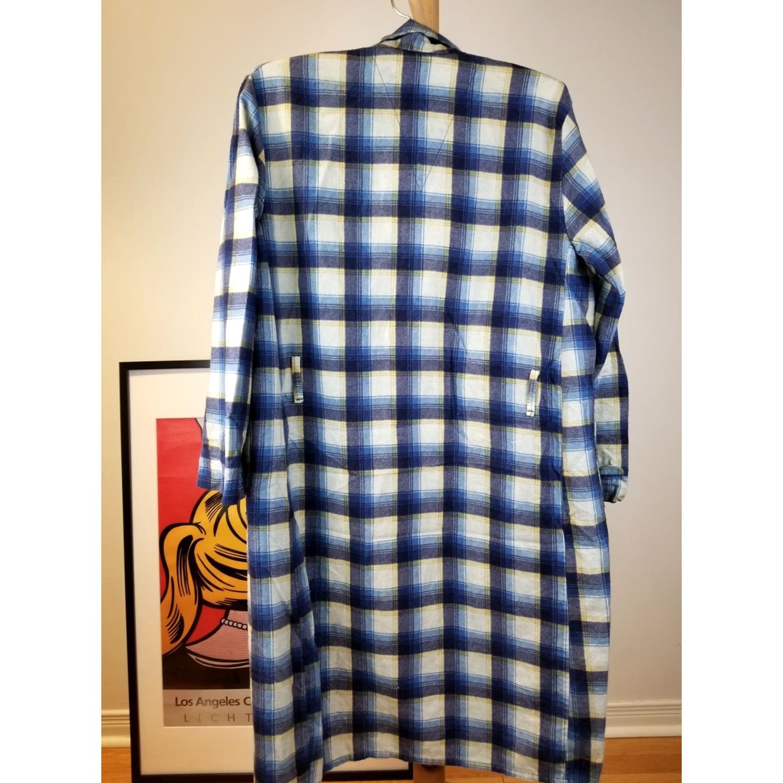 Vintage VINTAGE FLANNEL SHADOW CHECK BATH ROBE M MEDIUM BLUE beltless UNKNOWN 50's Men Robe Size ONE SIZE - 4 Thumbnail