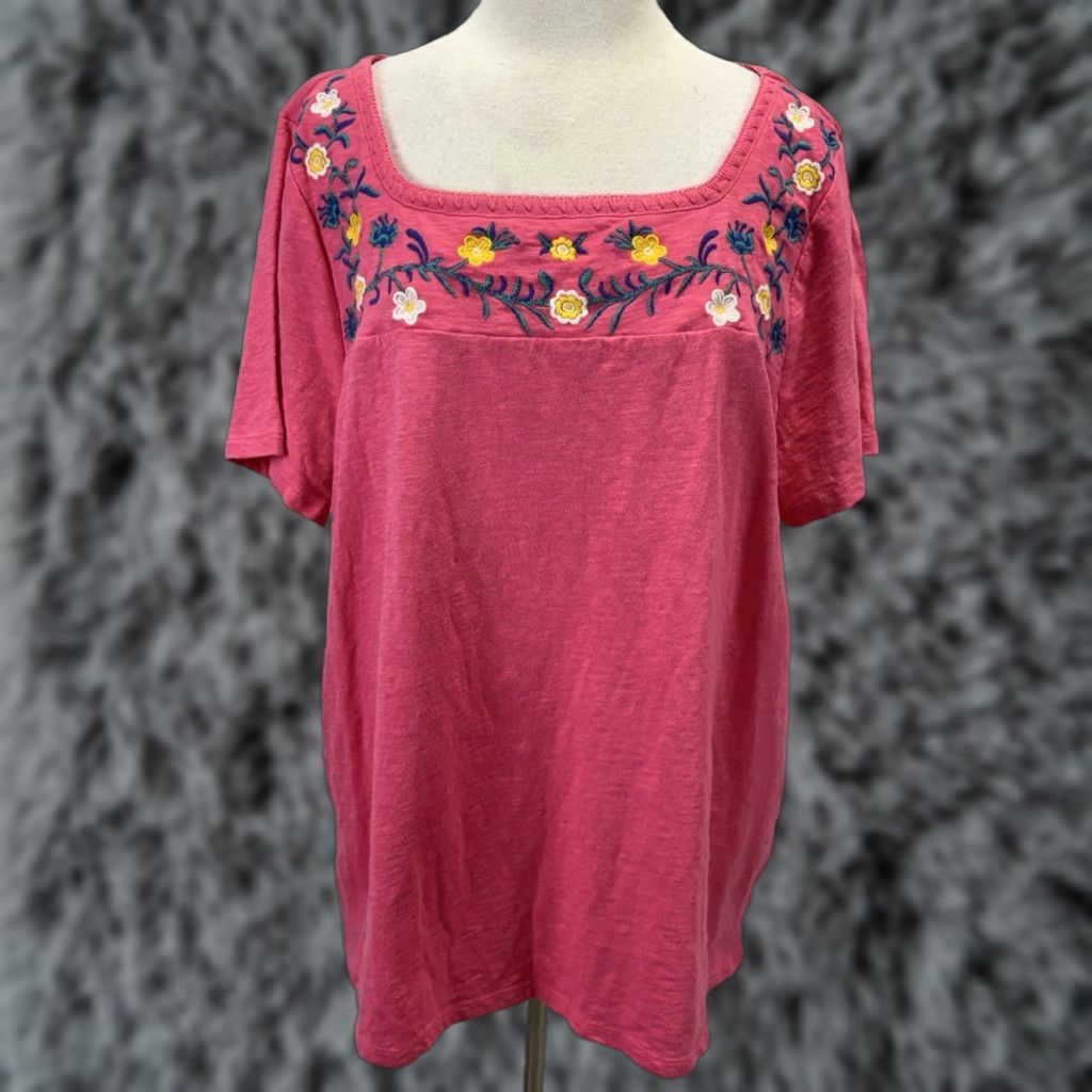 Talbots VINTAGE Talbots Floral Embroidered Square Neck Shirt Plus 2X Pink Short Sleeve Womens Size XXL / US 16-18 / IT 52-54 - 1 Thumbnail