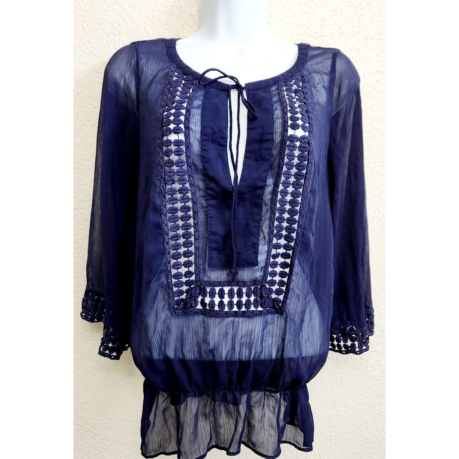 Other Charming Charlie Blue Sheer Crochet Detail Bodice Top Medium Size M / US 6-8 / IT 42-44 - 1 Thumbnail