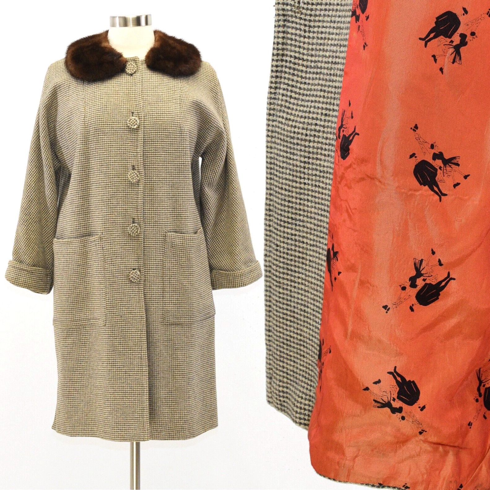image of 50S Vintage Womens Plaid Wool Coat Mink Collar Size M UNique Lining in White