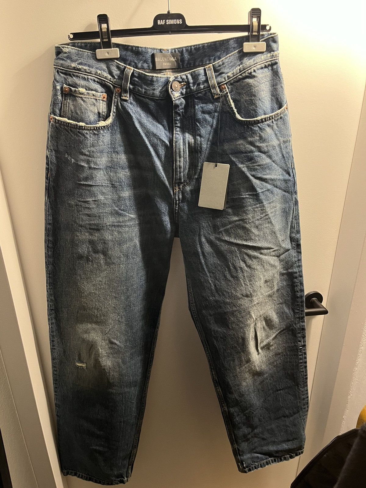 image of Balenciaga Distressed Wide Jeans in Blue, Men's (Size 31)