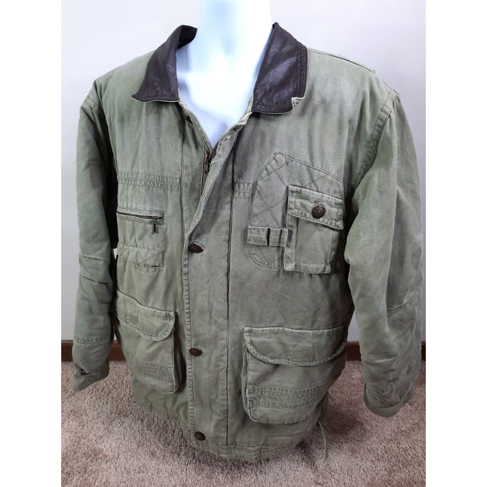 Vintage VINTAGE Bomber Jacket Men L Green Canvas 90s Leather Collar Full Zip All Seasons Hiking Travel Casual Workwear Size US L / EU 52-54 / 3 - 3 Thumbnail