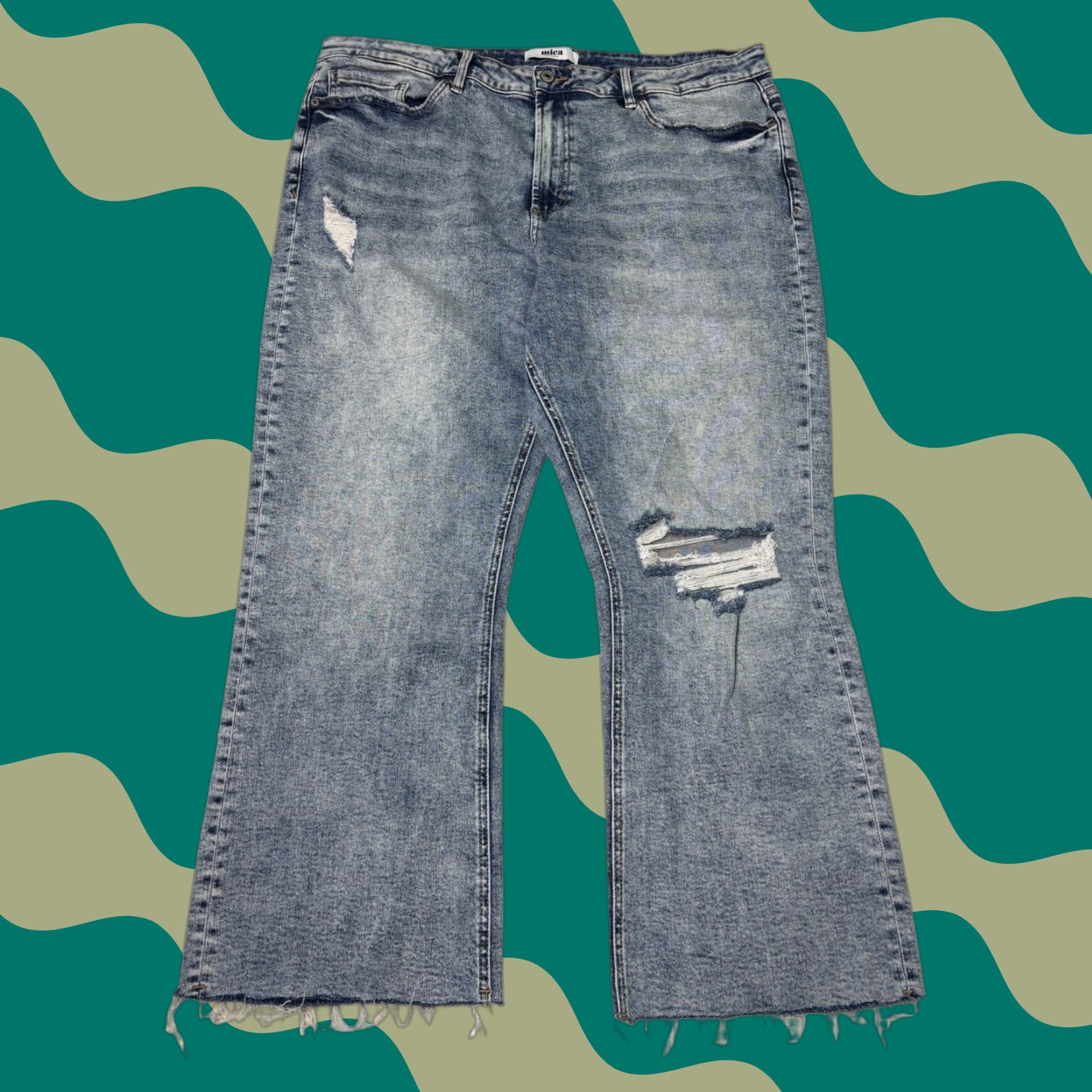 Denime Mica Denim Jeans Flared Women 20W Plus Acid Wash Distressed Raw Hem 5-Pocket DenimCotton Polyester Spandex Zip Mid Rise Blue Vintage No Size 42" / US 20 - 1 Thumbnail