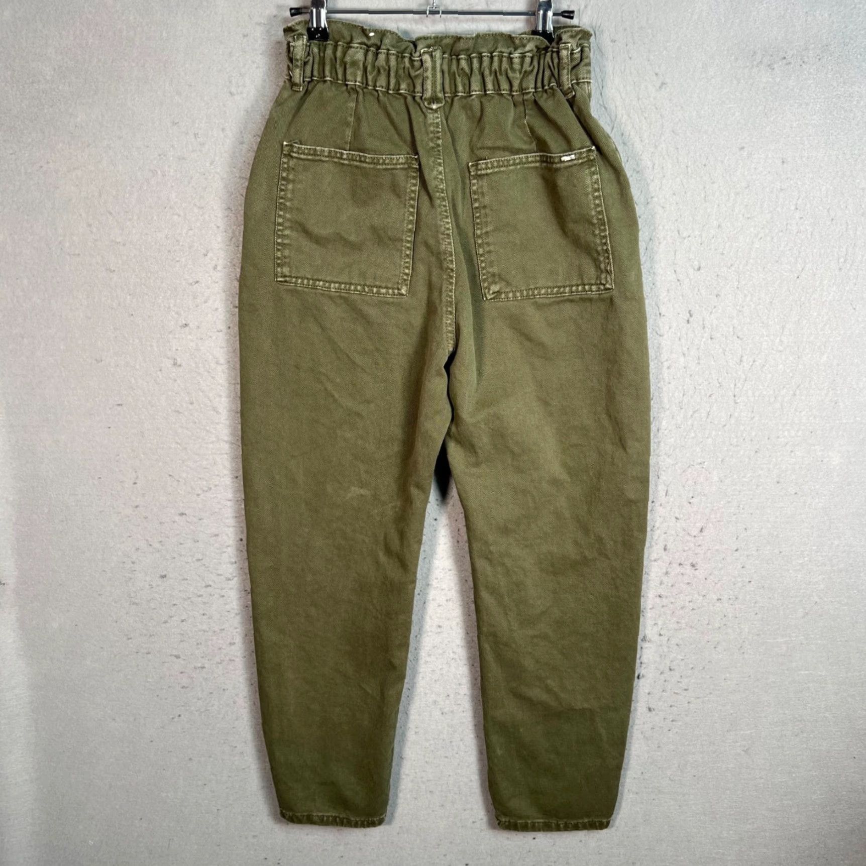 Zara Zara Womens Paperbag Pants Olive Green 100% Cotton High-Waisted Size 2 Tapered Inseam 25 in Womens Size 26" / US 2 / IT 38 - 2 Thumbnail