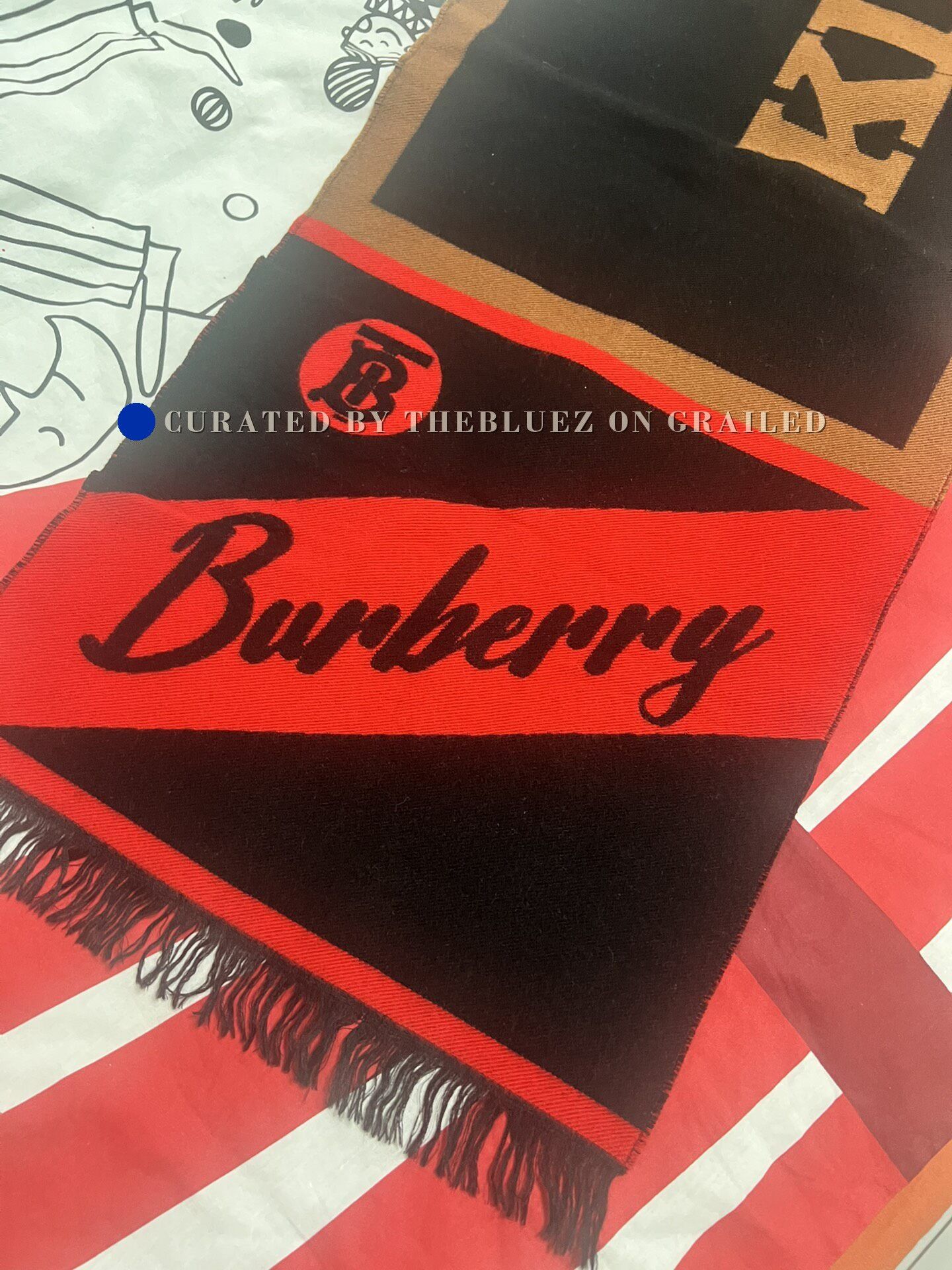 Burberry Red Black Logo Fringe Scarf, Men's