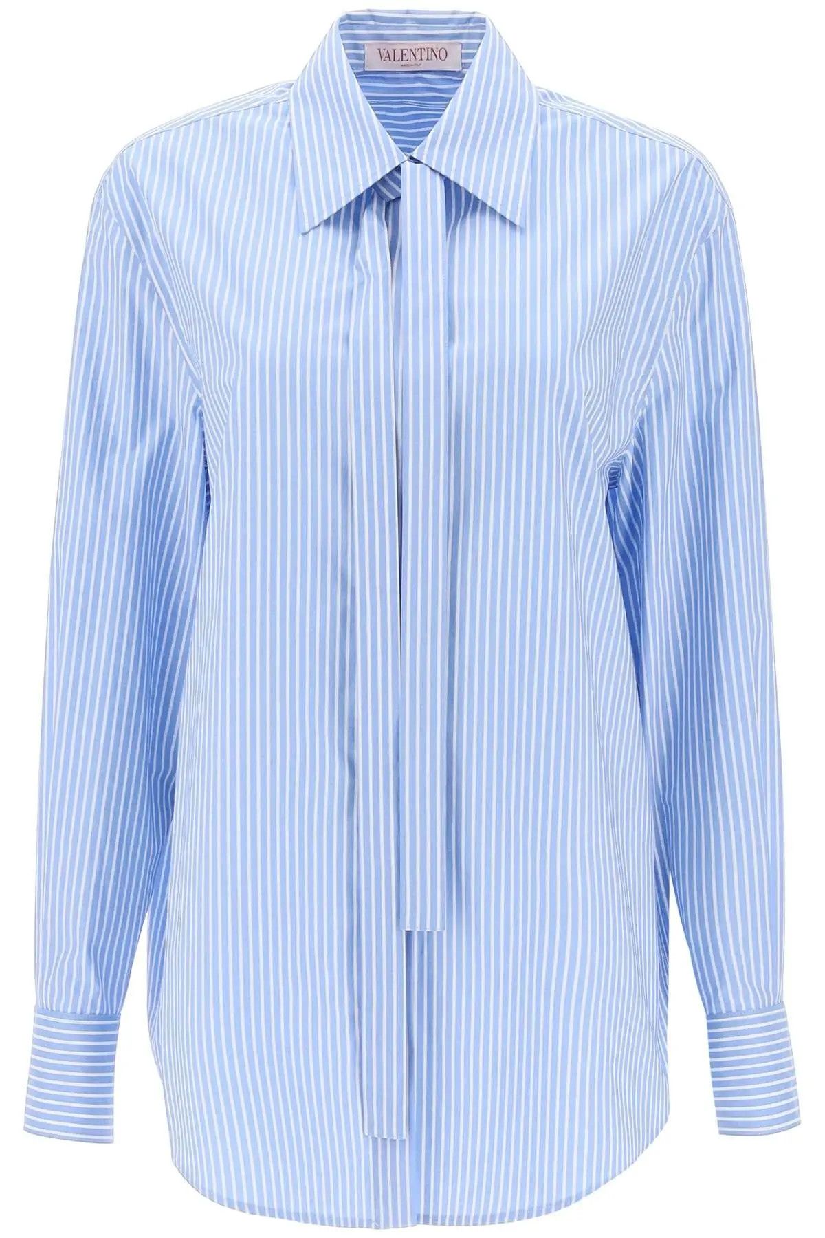 image of Valentino Garavani O1S22I1N1223 Striped Poplin Shirt In White Light Blue, Women's (Size Medium)