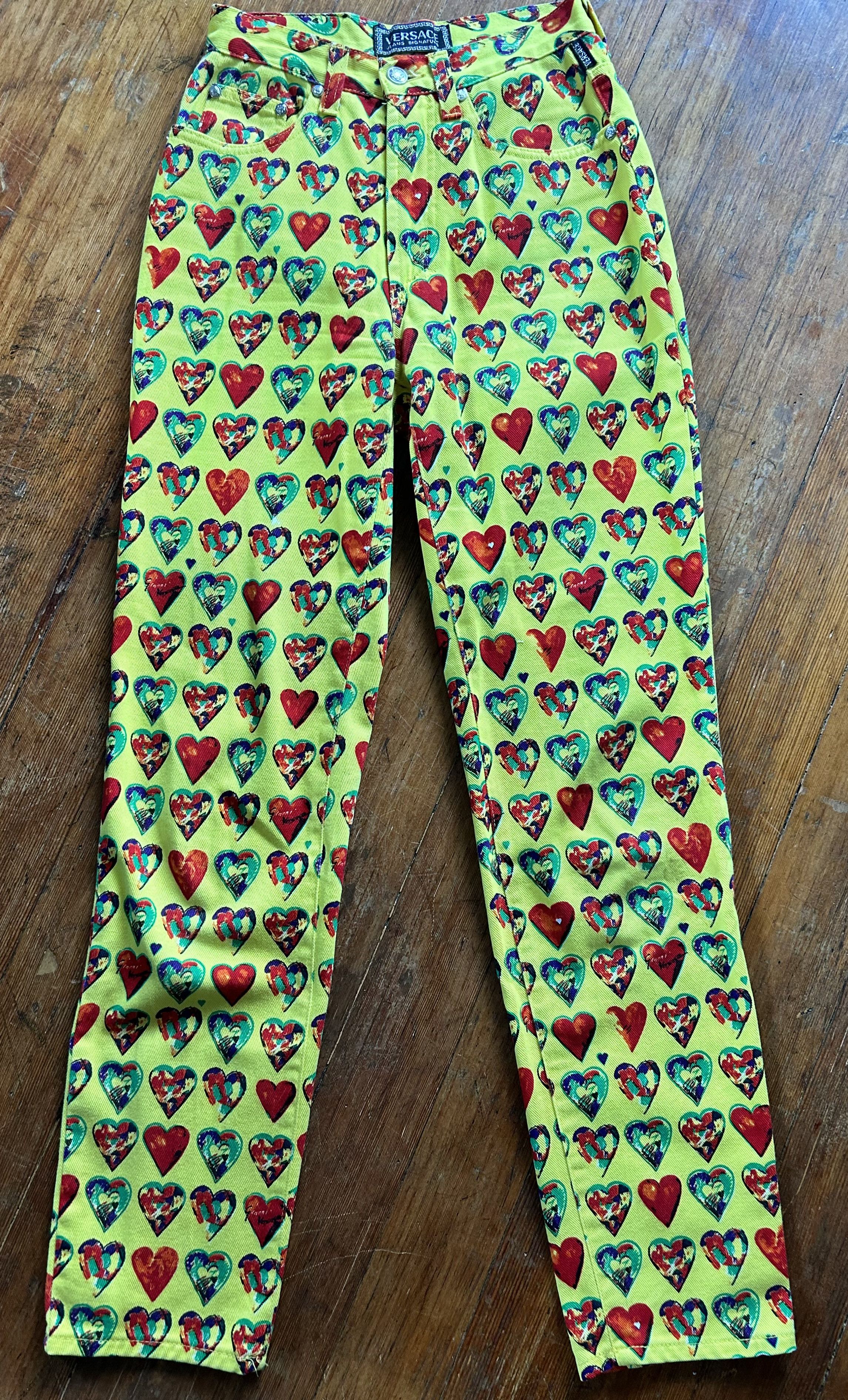 image of Versace Jeans Couture 1997 Gianni Versace Heart Pants in Red/Yellow, Women's (Size 26)