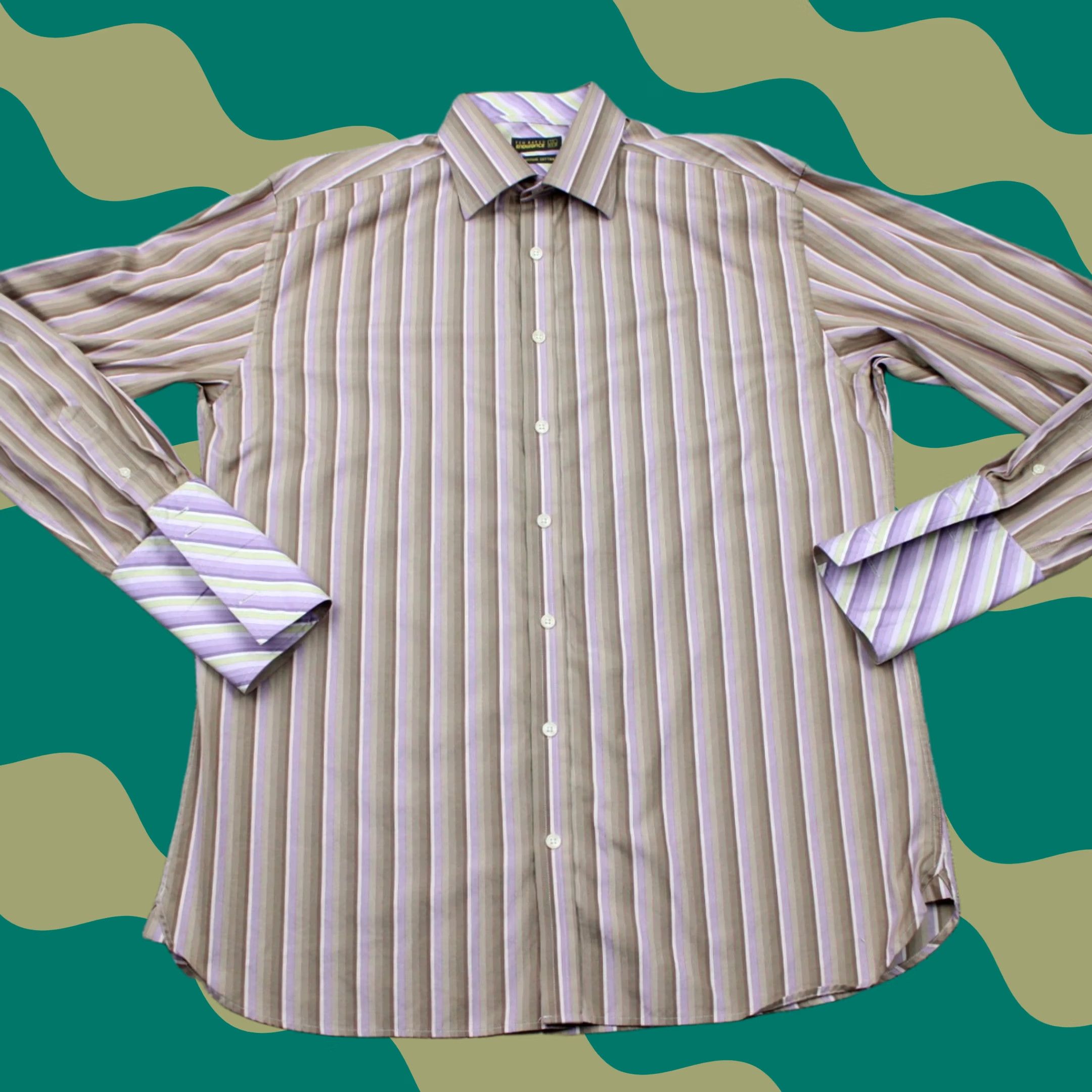 Ted Baker Ted Baker Dress Shirt Men 17, 43.5 Brown/Purple Cotton Long Sleeve French Cuff L/S Button-Down 90s London Dress Shirt Mens Size 46R - 1 Thumbnail