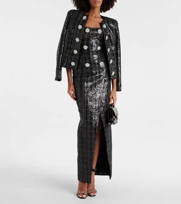 Balmain o1s1wg110825 Sequined Strapless Tweed Maxi Dress in Black Size XL / US 12-14 / IT 48-50 - 2 Thumbnail