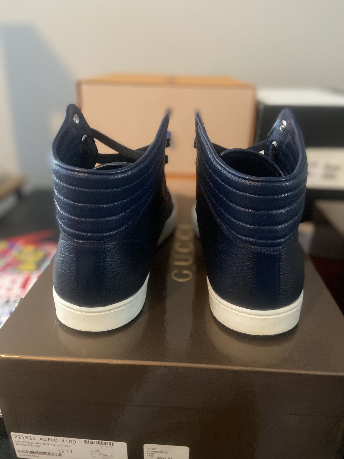 Gucci Gucci Navy Leather High-Top Sneakers (Red Web Stripe) Size US 11 / EU 44 - 3 Thumbnail