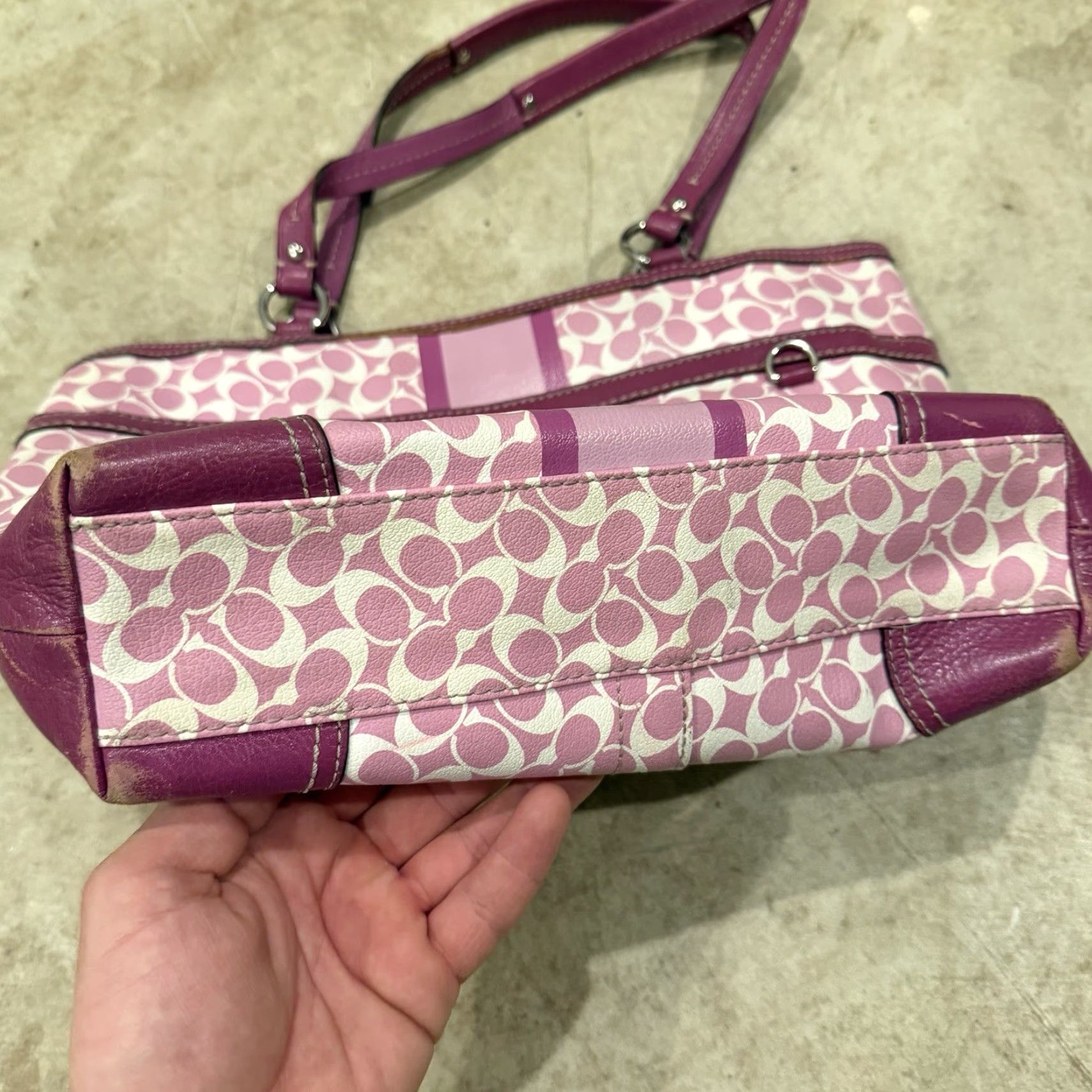 Coach Coach Shoulder Bag Medium Pur​ple & White Heritage Signature Stripe Tote PURSE Size ONE SIZE - 6 Thumbnail