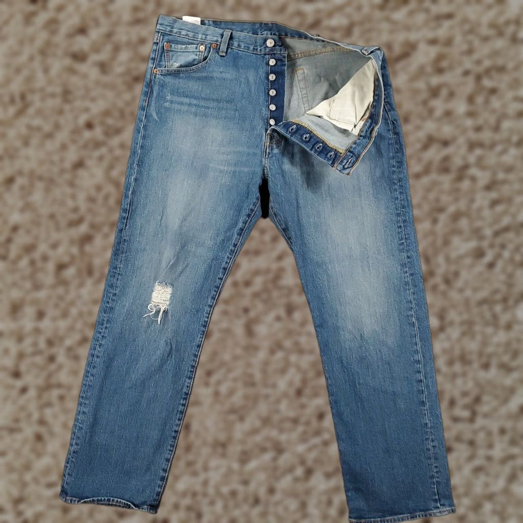 Levi's Levi's 501 Jeans Mens 40x32 Button Fly Distressed Stretch Denim Straight Leg 93 40 32 Bag? Size US 40 / EU 56 - 1 Thumbnail