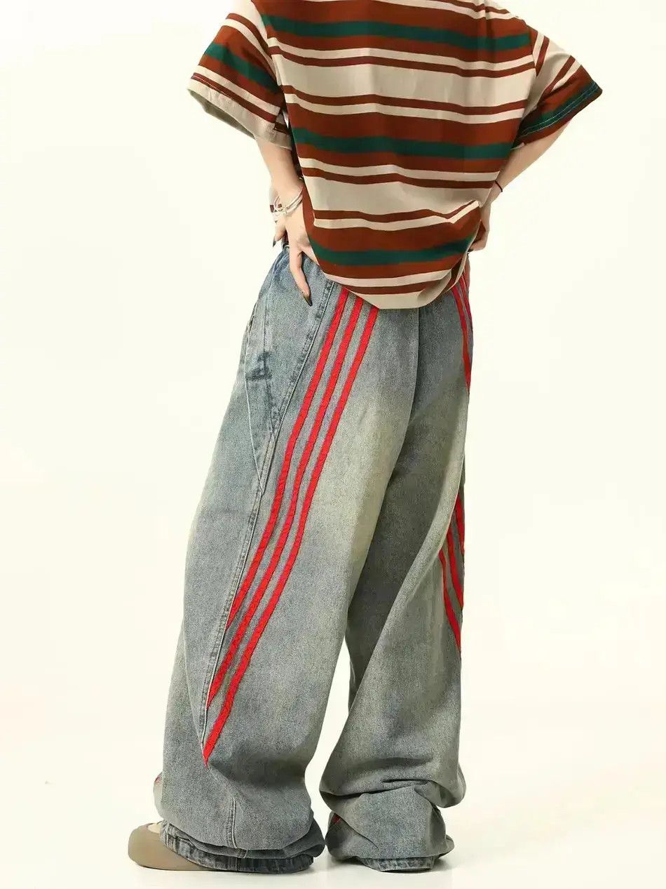 Japanese Brand Street vintage niche design loose wide leg striped jeans Size US 32 / EU 48 - 1 Thumbnail