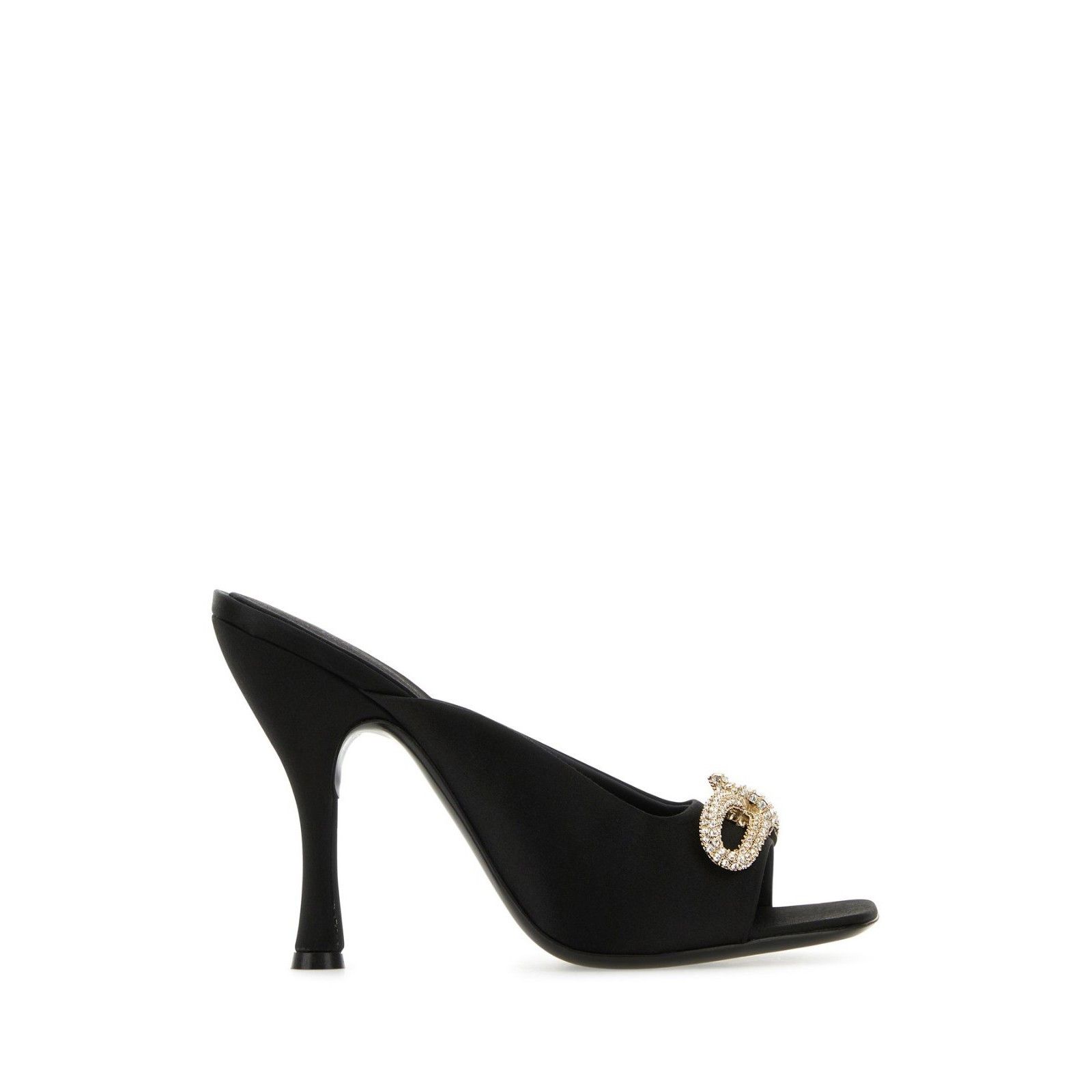 FERRAGAMO Crystal Jewel Bow Black Satin 105mm Heel Mules New
