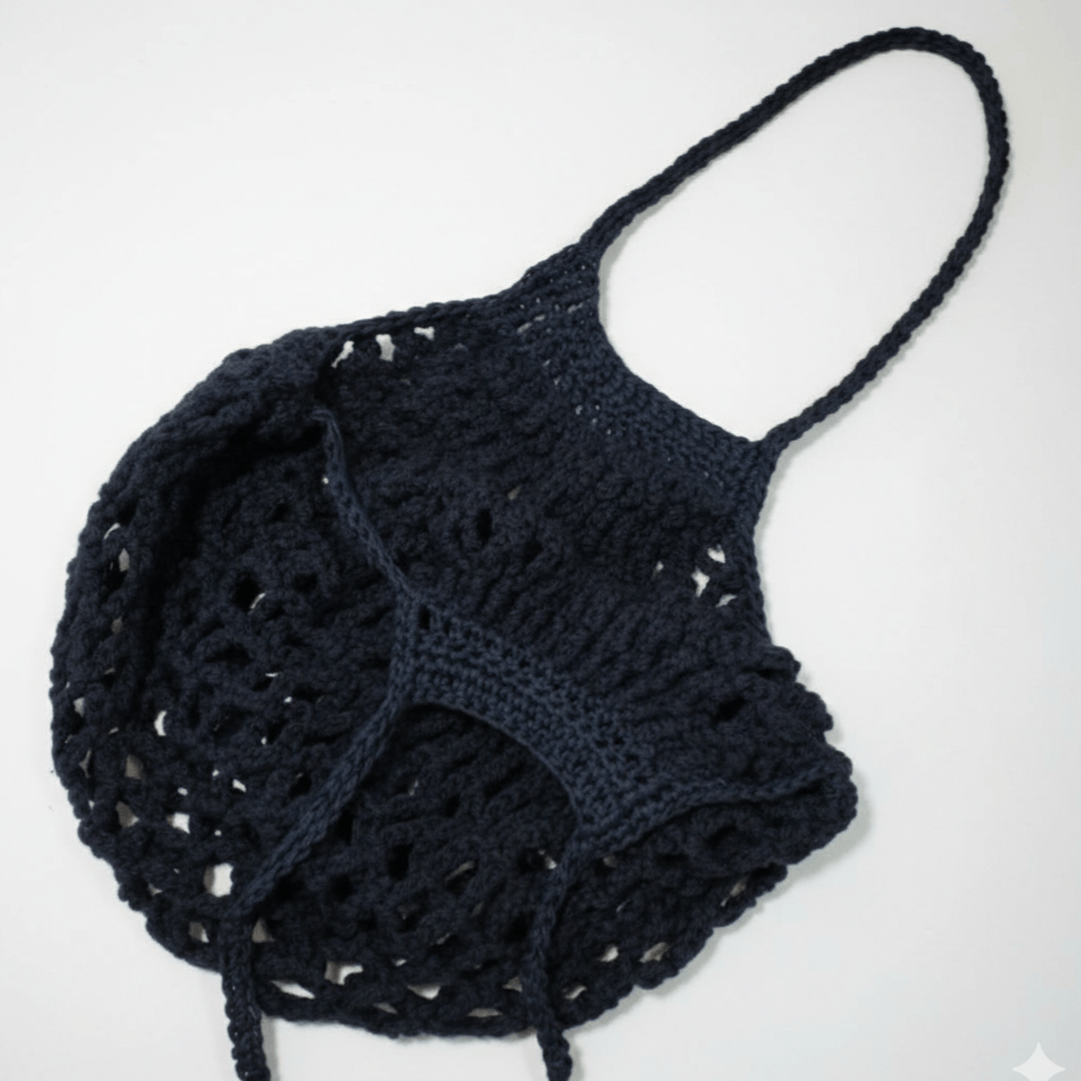 Handmade Handmade Black Net Bag Farmers Market Crochet French Sack Size ONE SIZE - 5 Thumbnail