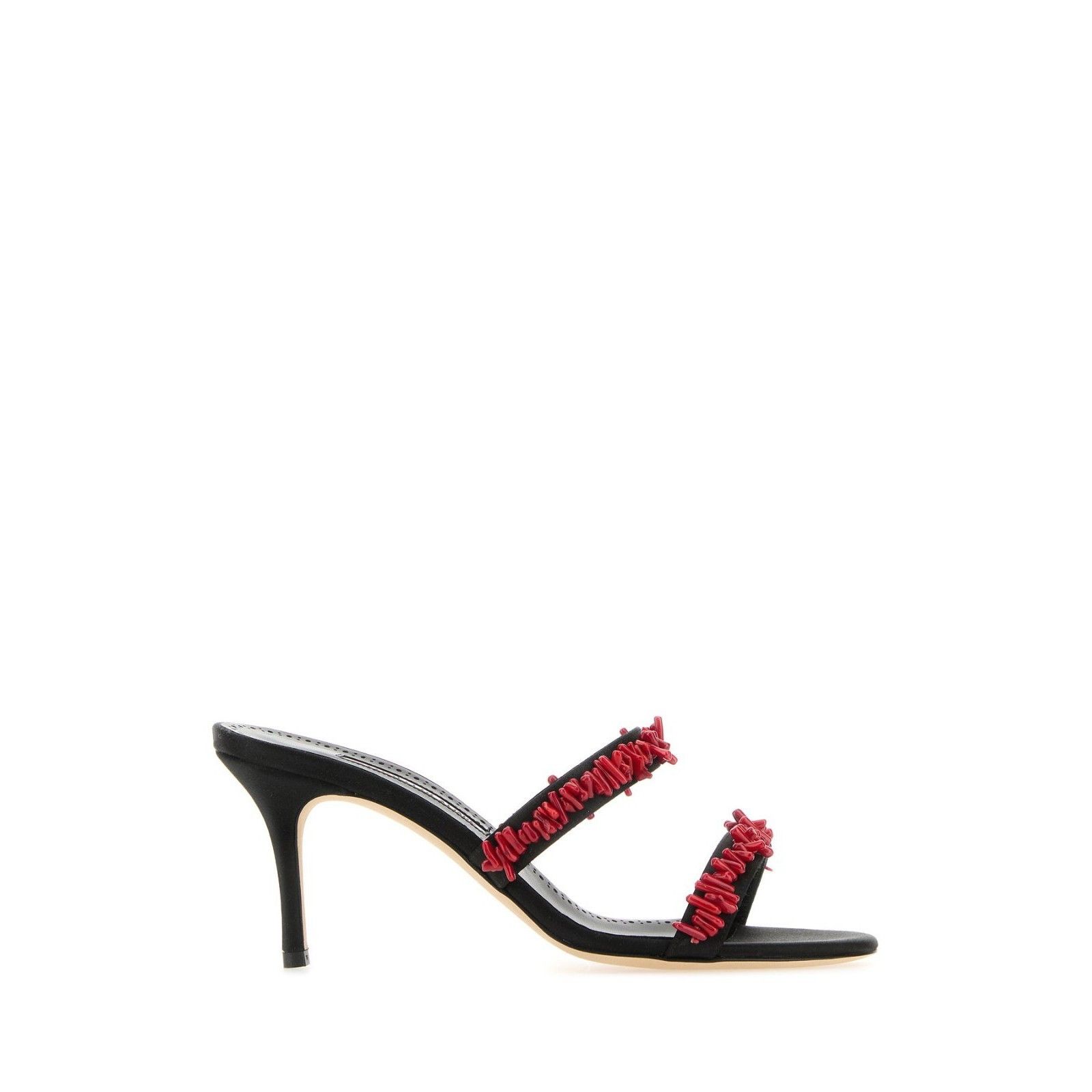 MANOLO BLAHNIK Clorette Red Embellished Stone Black Satin 70