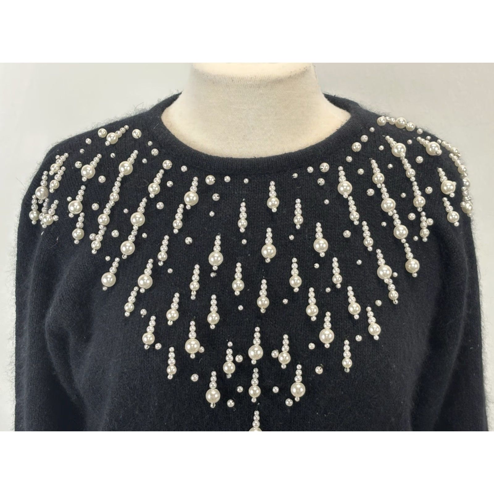 VINTAGE Lord & Taylor Sweater Medium Black Silk Angora Pearl Drop Womens
