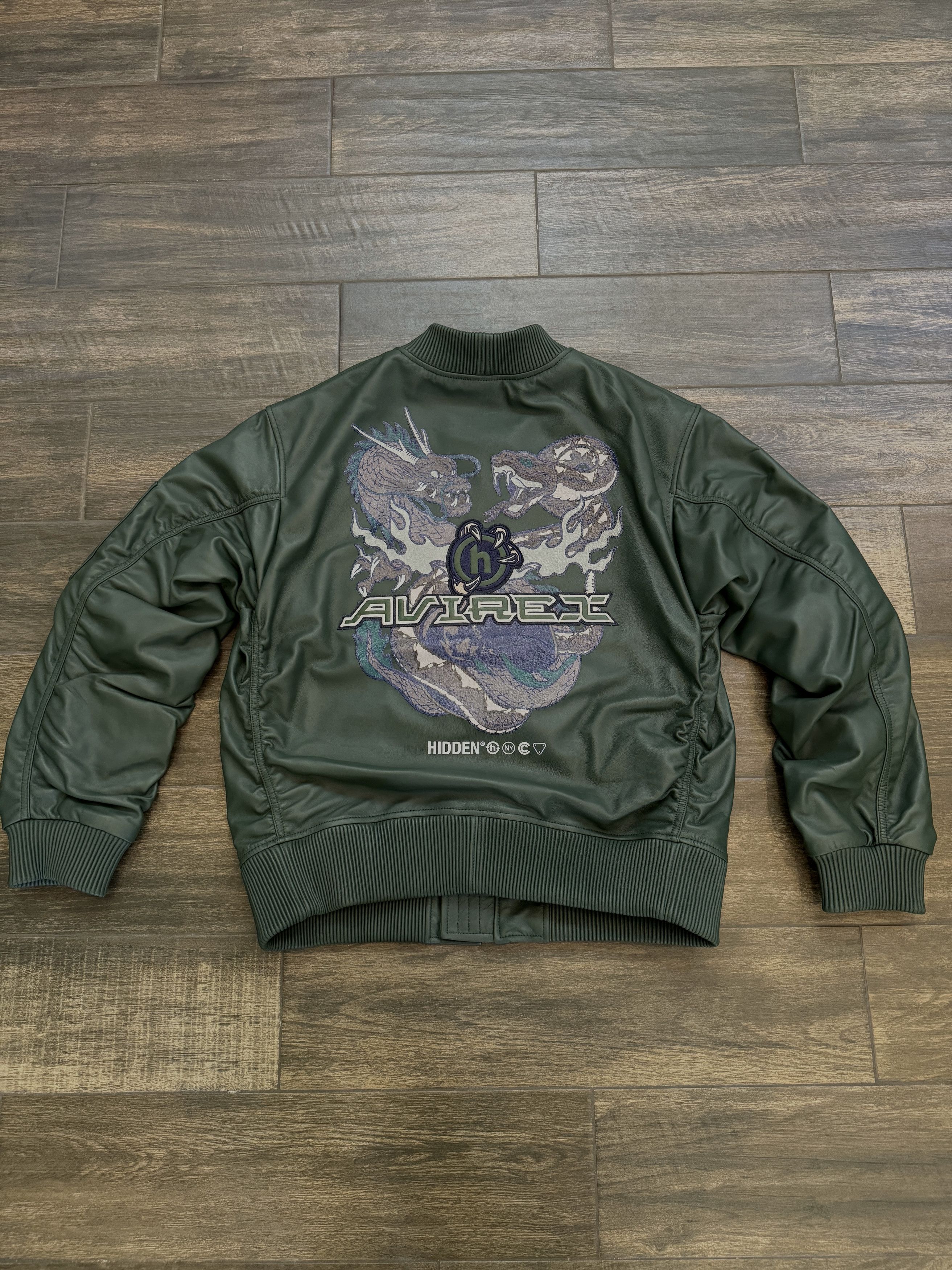 image of Ny X Avirex Worldwide Leather Bomber Jacket in Green, Men's (Size Medium)