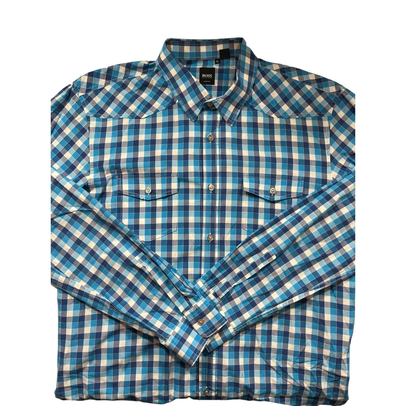 Hugo Boss Hugo Boss Mens Slim Fit Blue & White Checked Shirt XL Size US XL / EU 56 / 4 - 1 Thumbnail
