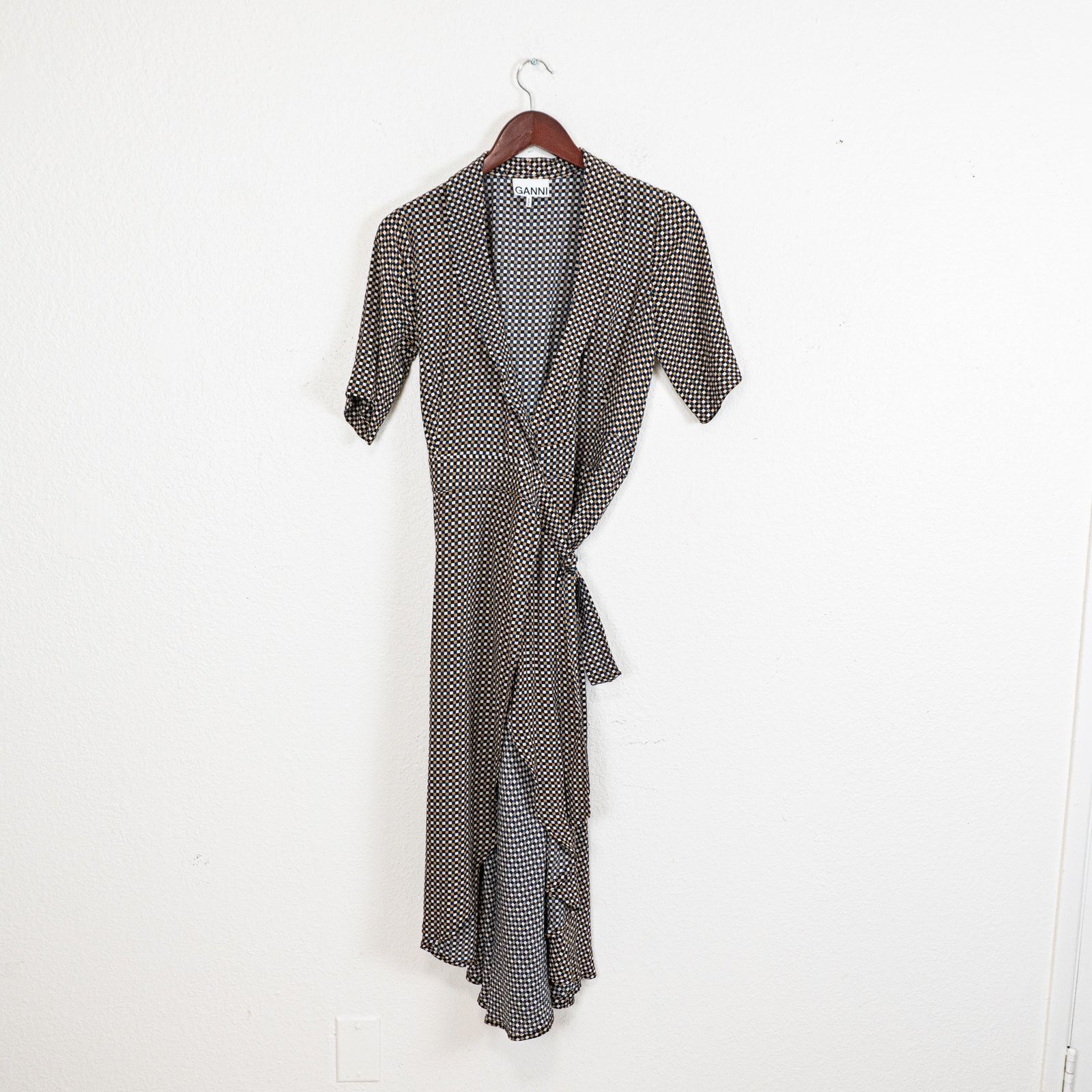 Ganni Ganni Printed Crepe Wrap Dress Grey Multi check size 34 Size XS / US 0-2 / IT 36-38 - 7 Thumbnail