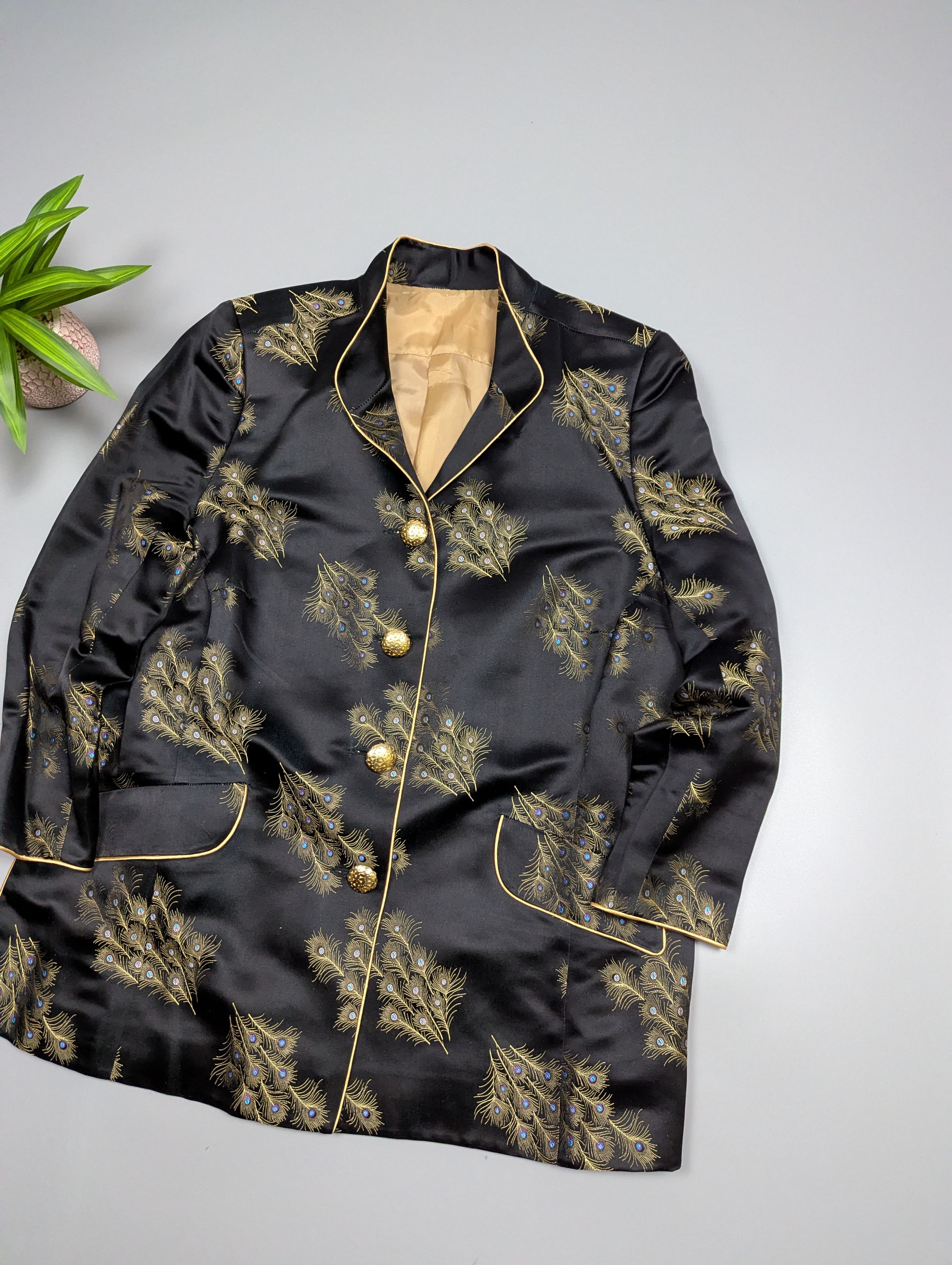 Vintage Vintage Satin Peacock Blazer Black Gold Handmade Size L Size L / US 10 / IT 46 - 3 Thumbnail