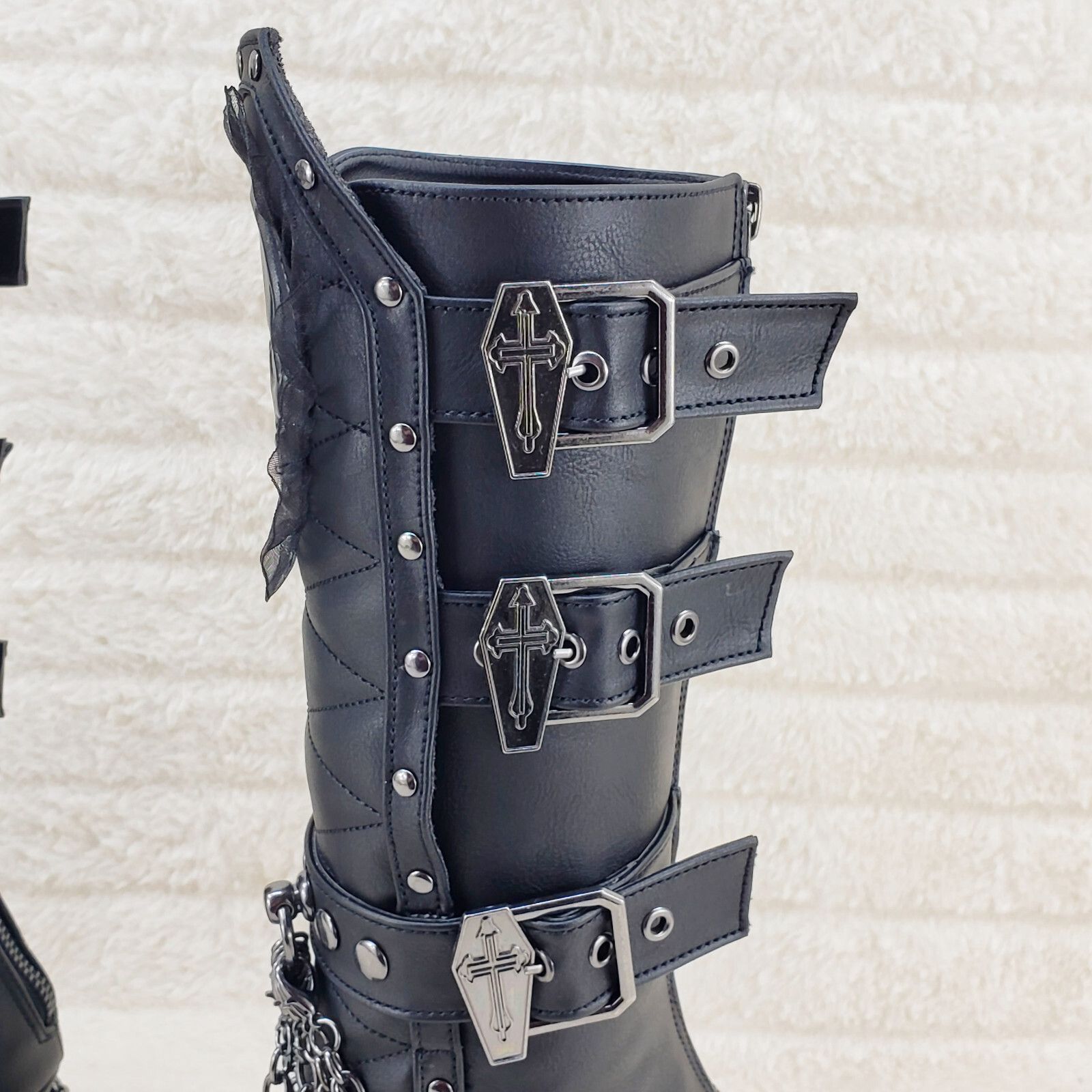 Other Crypto 67 Coffin Skull & Chain Black Mid Calf Platform Heel Size US 7 / IT 37 - 5 Thumbnail